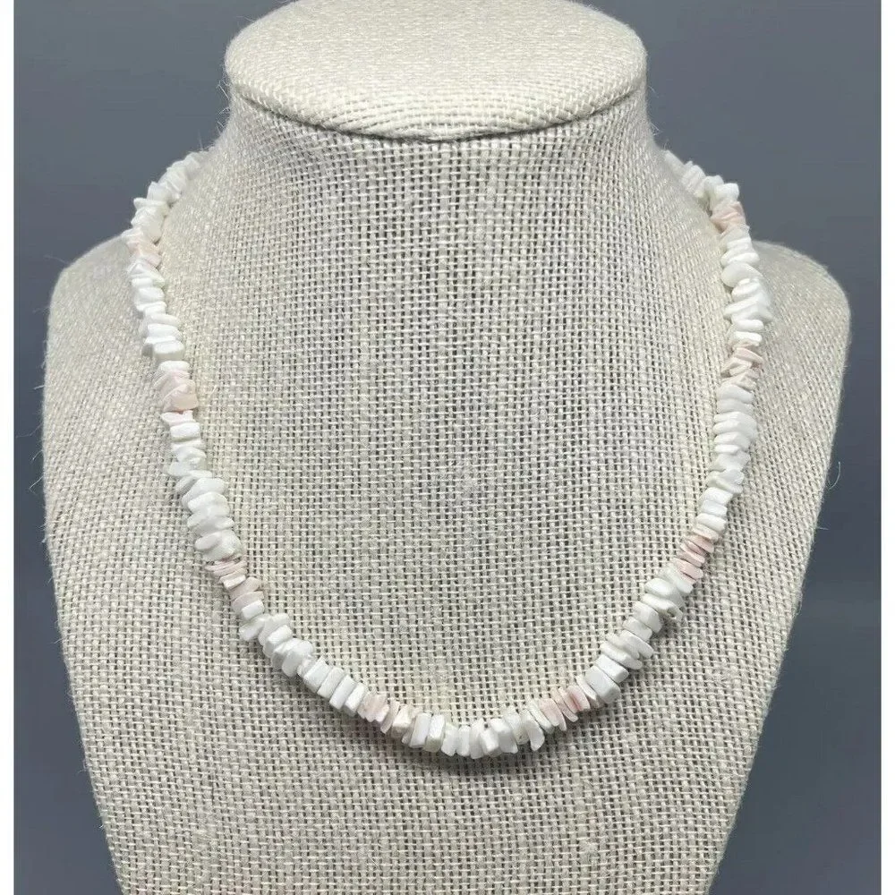 Pink And White Natural Puka Shell Necklace Screw Clasp 17”